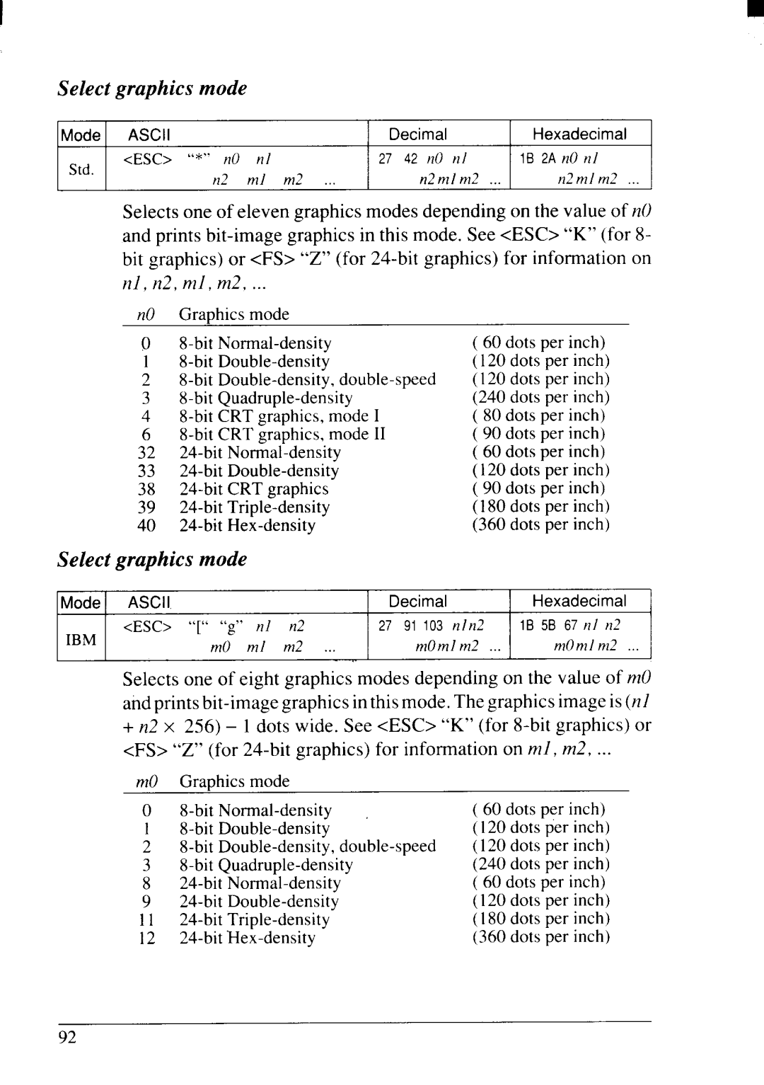 Star Micronics NX-2415II user manual Select graphics mode, Nl, n2, ml, m2 