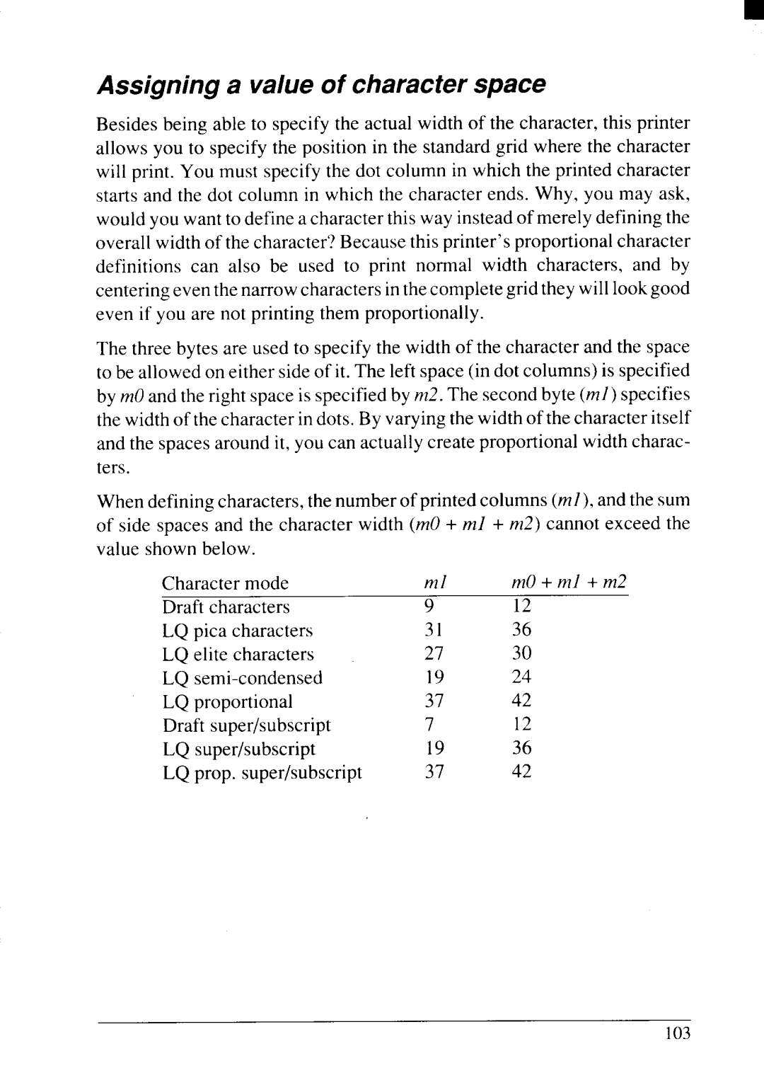 Star Micronics NX-2415II user manual Assigning a value of character space 