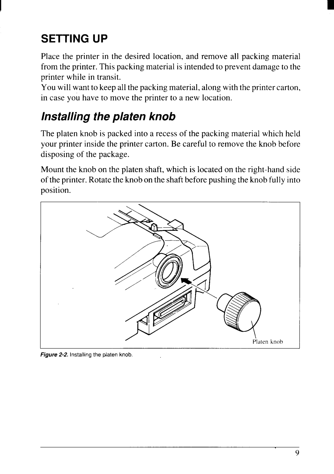 Star Micronics NX-2415II user manual Setting UP, Installing the platen knob 