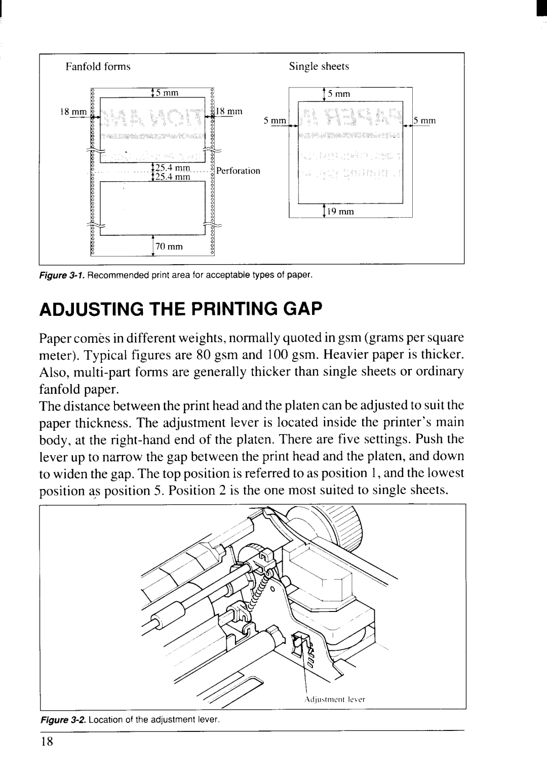 Star Micronics NX-2415II user manual Adjusting the Printing GAP, Recommended print area for acceptable types of paper 