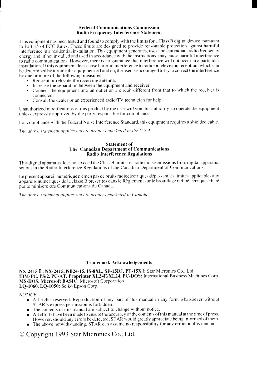 Star Micronics NX-2415II user manual ’Ot’Icl’ 