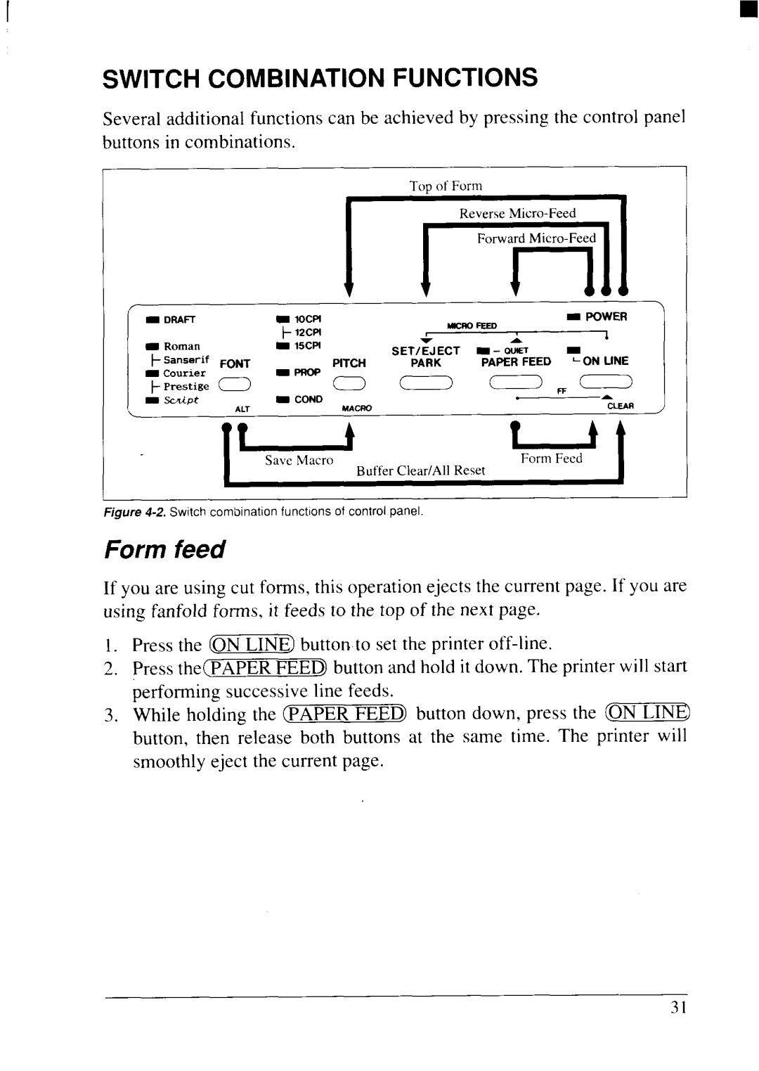 Star Micronics NX-2415II user manual Switch Combination Functions, Form feed 