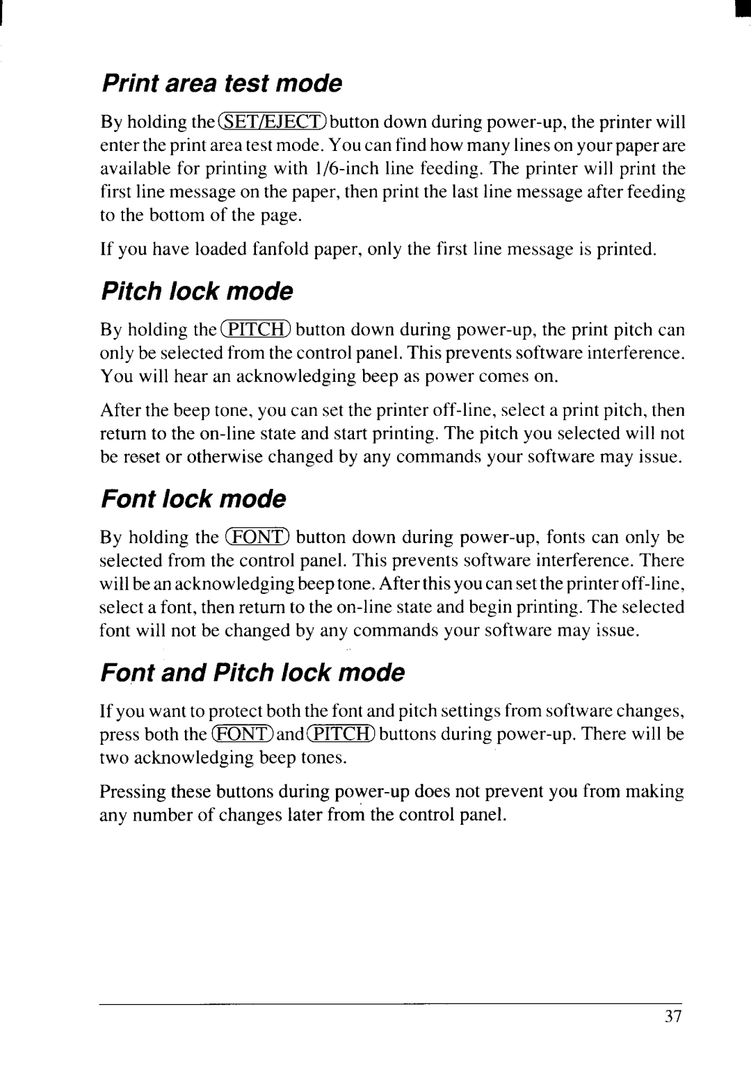 Star Micronics NX-2415II user manual Print area test mode, Font lock mode, Font and Pitch lock mode 