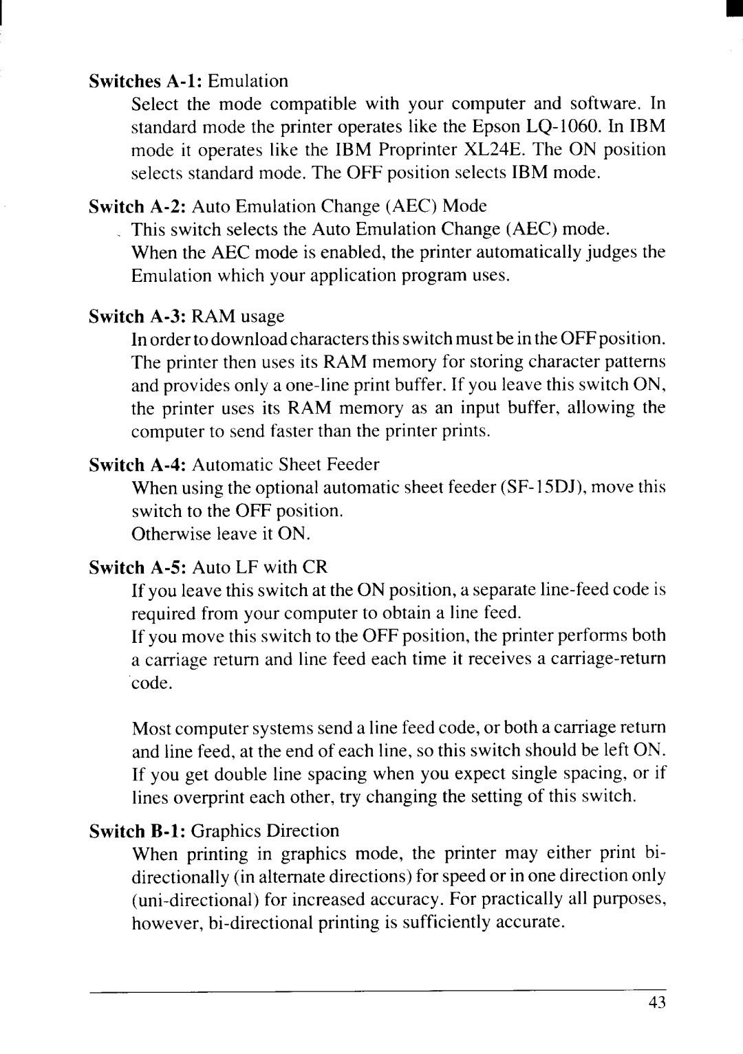 Star Micronics NX-2415II user manual Switches A-1 Emulation 