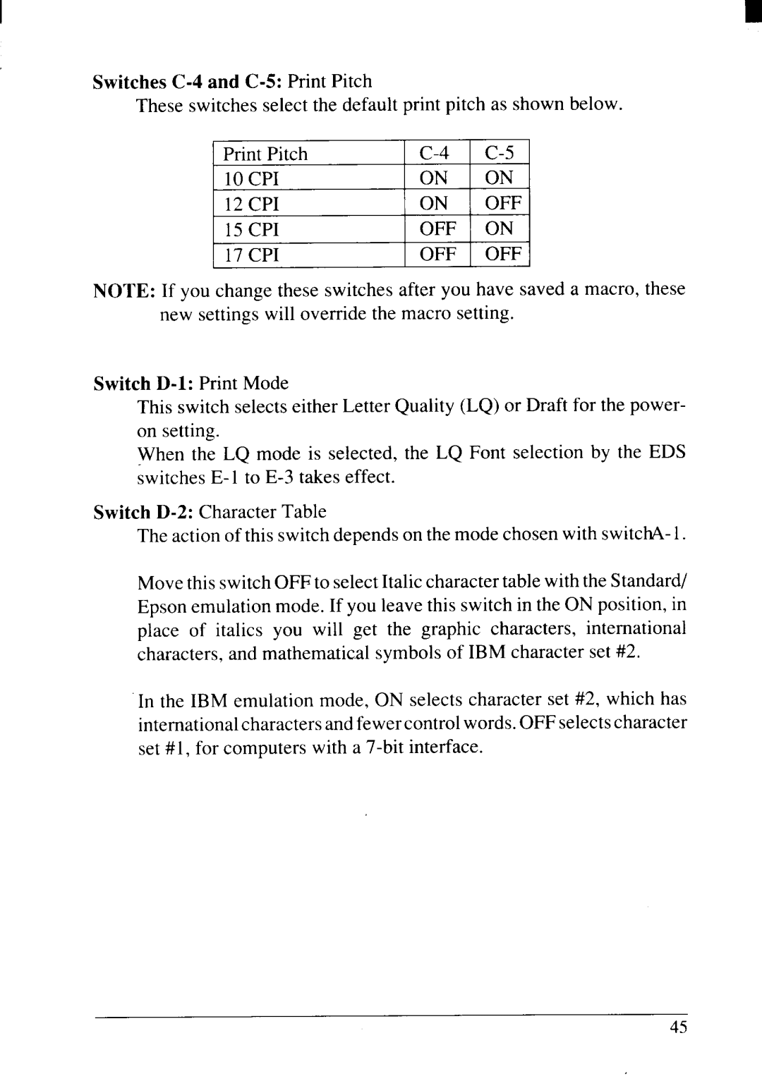 Star Micronics NX-2415II user manual Switches C-4and C-5 Print Pitch 