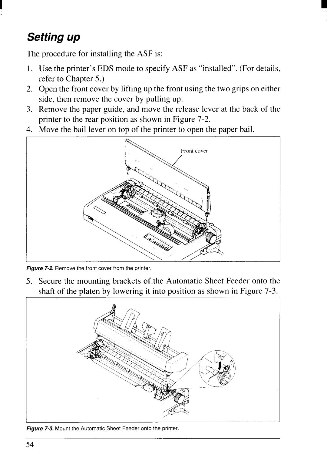 Star Micronics NX-2415II user manual Setting up, Remove the front cover from the printer 