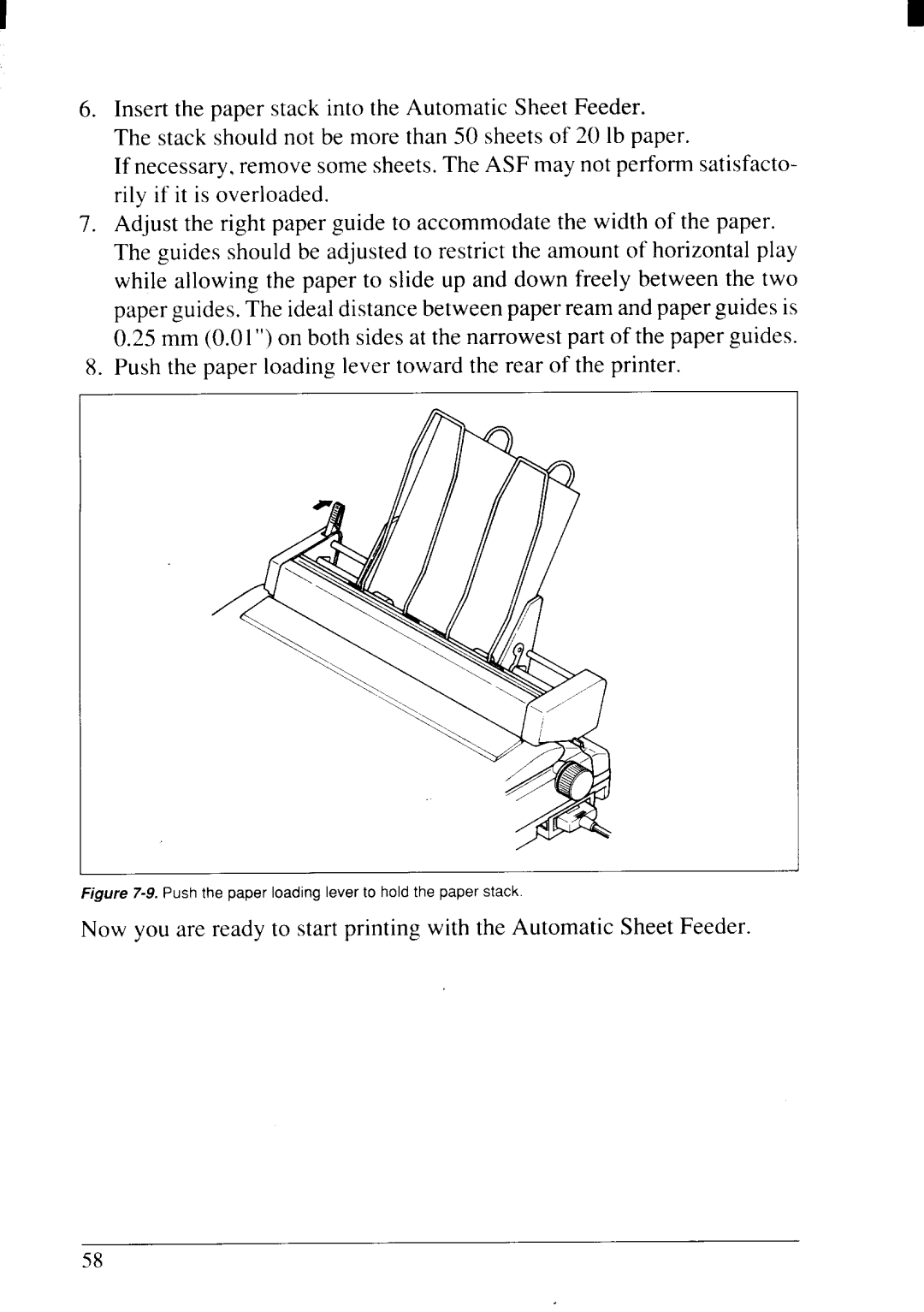 Star Micronics NX-2415II user manual Push the paper loading lever to hold the paper stack 