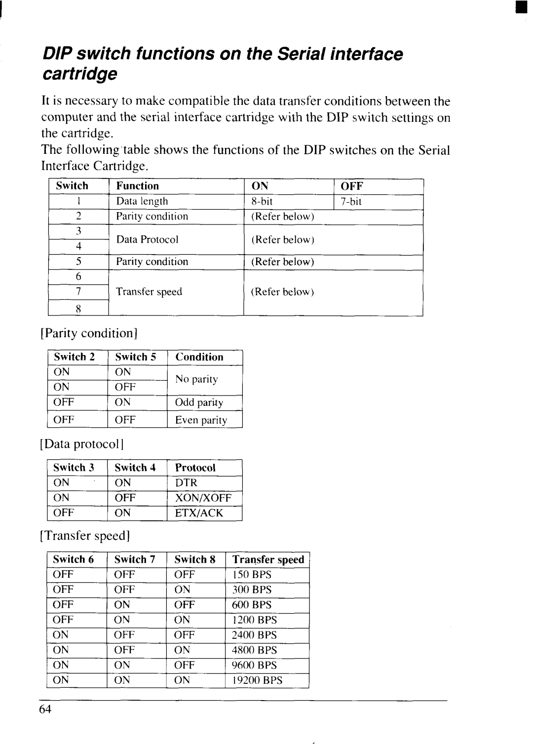 Star Micronics NX-2415II user manual DIP switch functions on the Serial cartridge, Transfer speed 