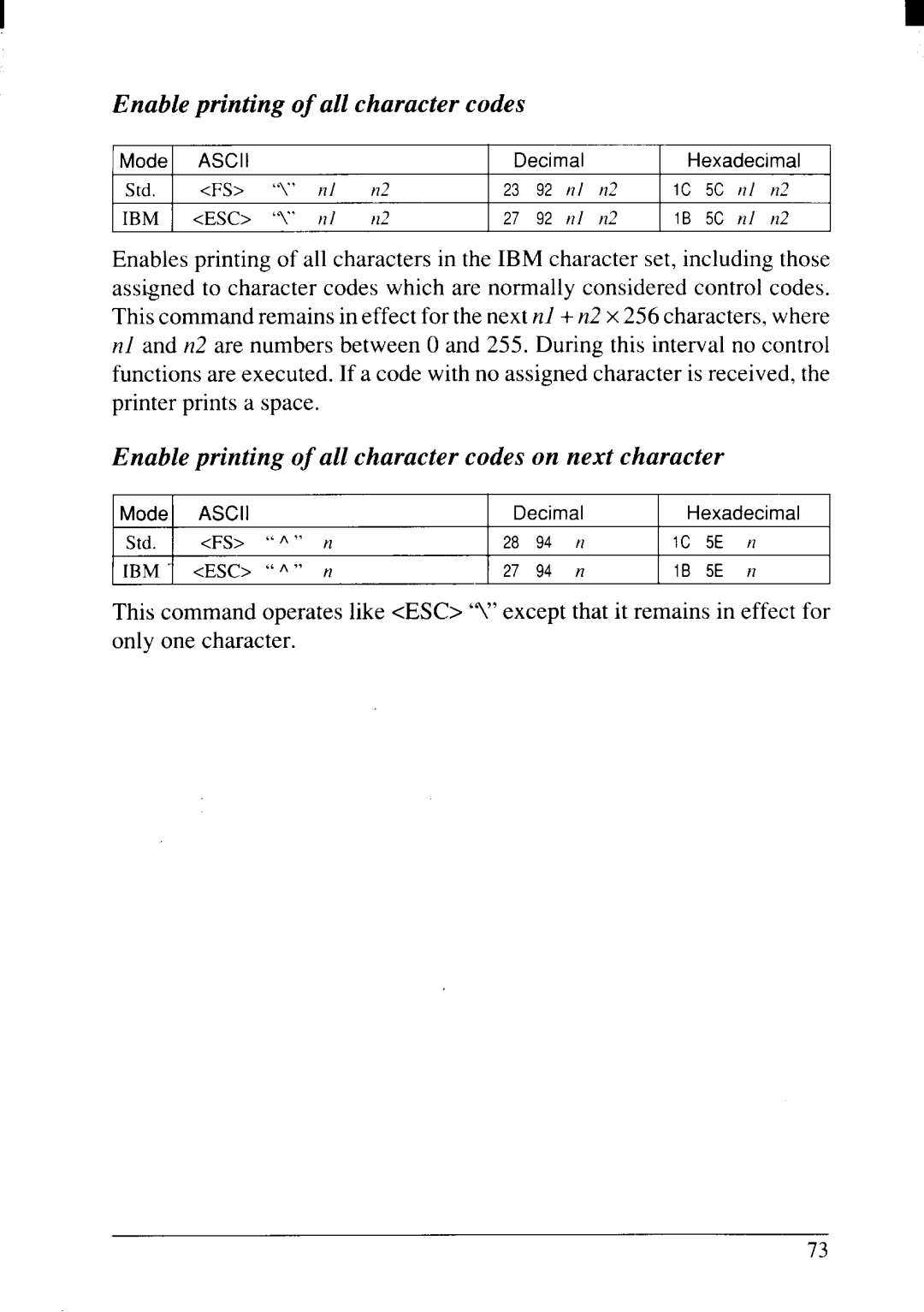 Star Micronics NX-2415II user manual Enable printing of all character codes on next character 