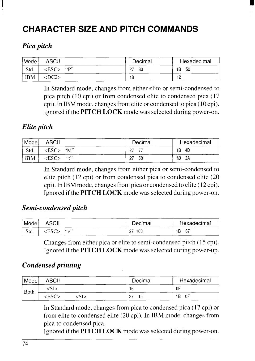 Star Micronics NX-2415II user manual Character Size and Pitch Commands, Pica pitch, Elite pitch, Semi-condensed pitch 