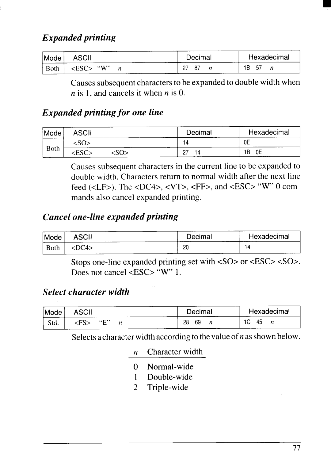 Star Micronics NX-2415II Expanded printing for one line, Cancel one-line expanded printing, Select character width 