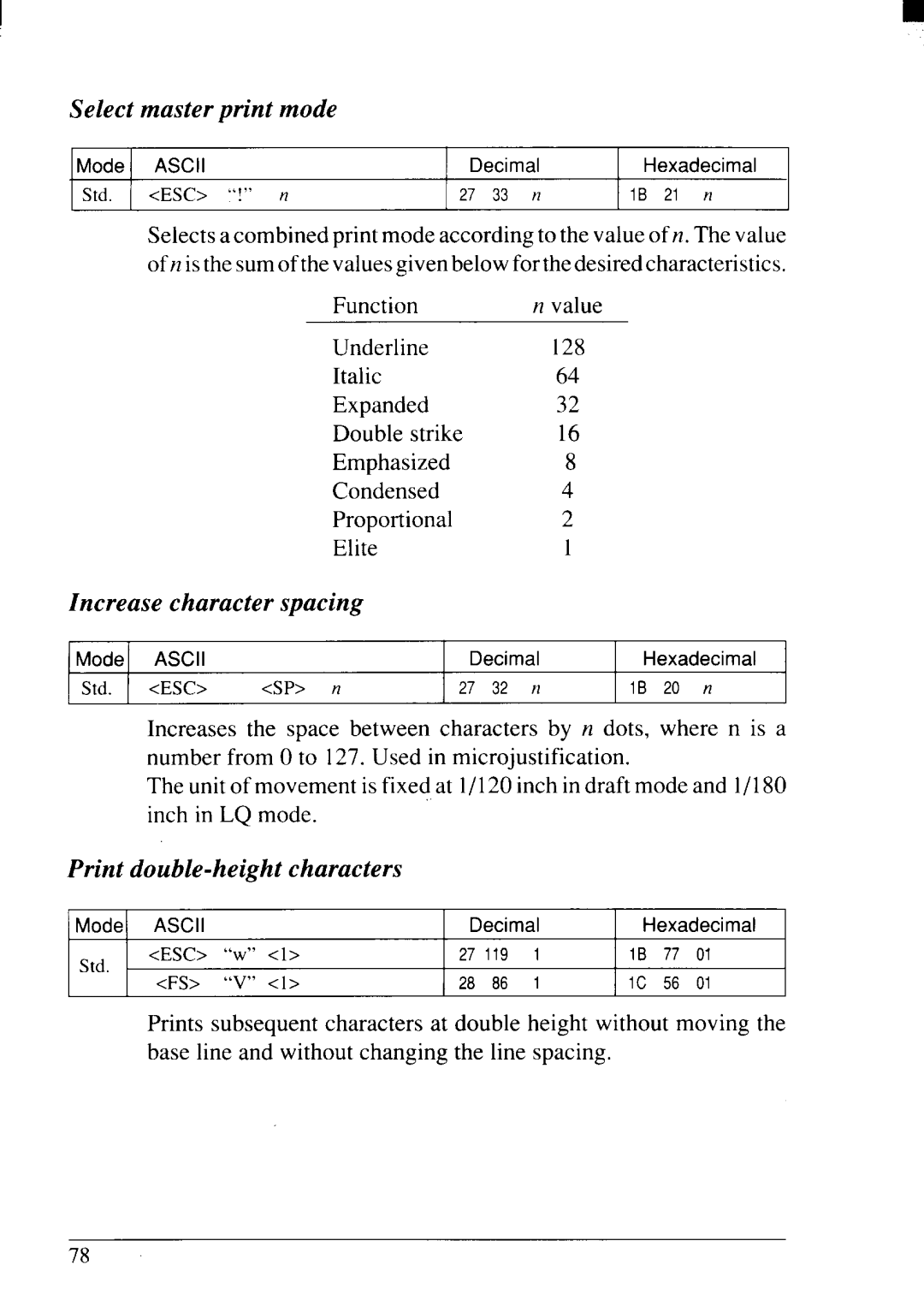 Star Micronics NX-2415II user manual Select master print mode, Increase character spacing, Print double-height characters 