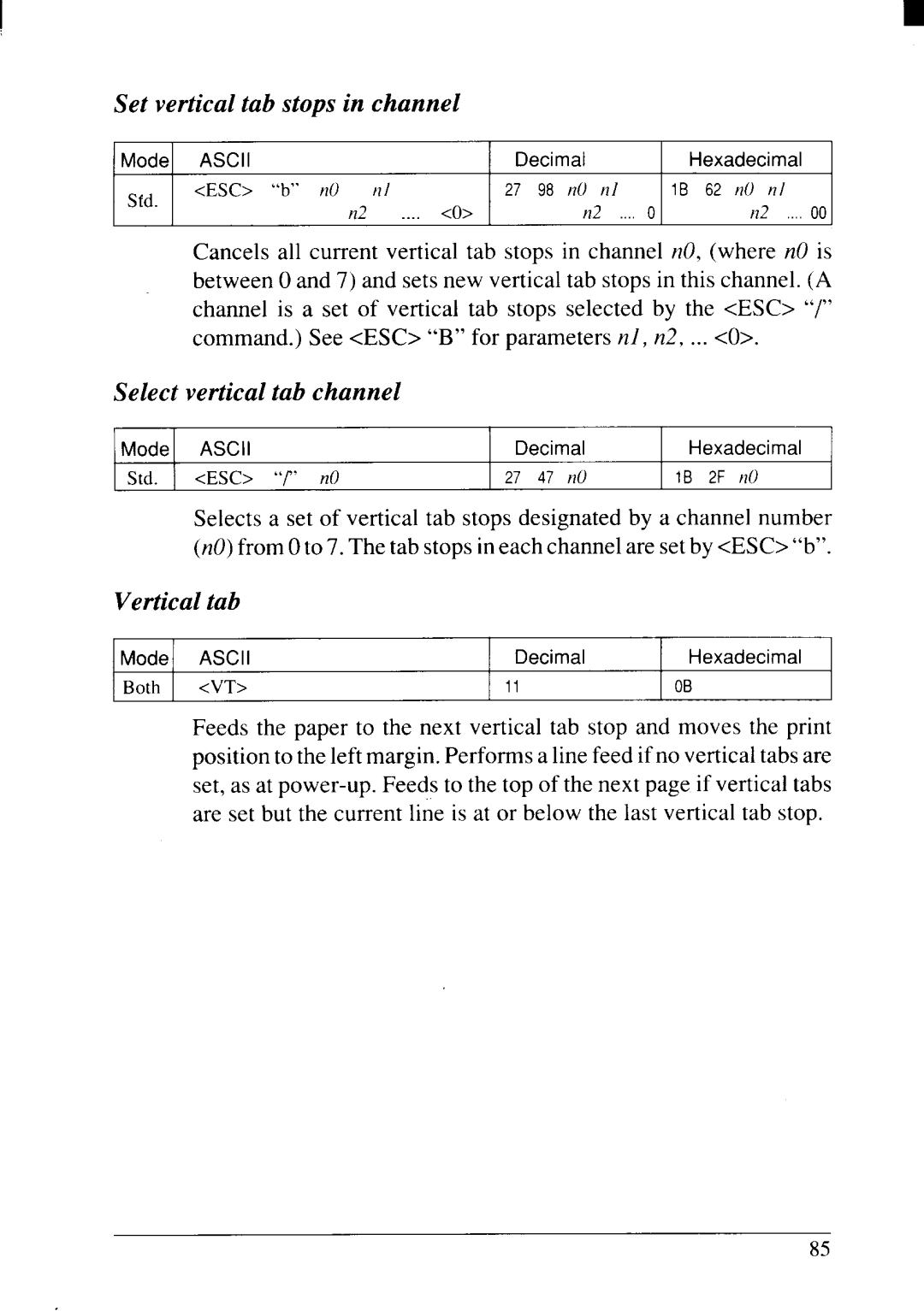 Star Micronics NX-2415II user manual Set vertical tab stops in channel, Select vertical tab channel, Vertical tab 