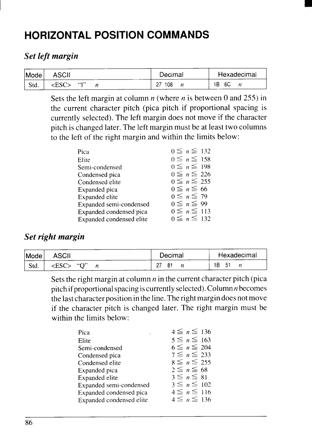 Star Micronics NX-2415II user manual Horizontal Position, Set left margin, Set right margin 