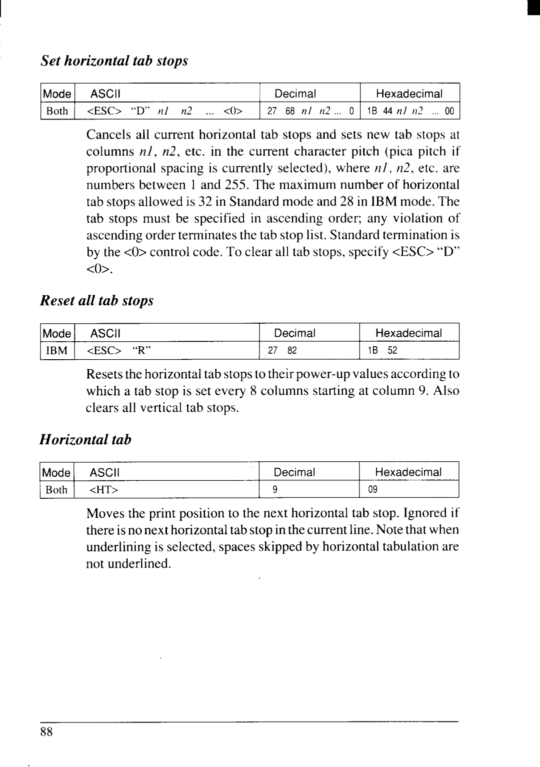 Star Micronics NX-2415II user manual Set horizontal tab stops, Reset all tab stops, Horizontal tab 