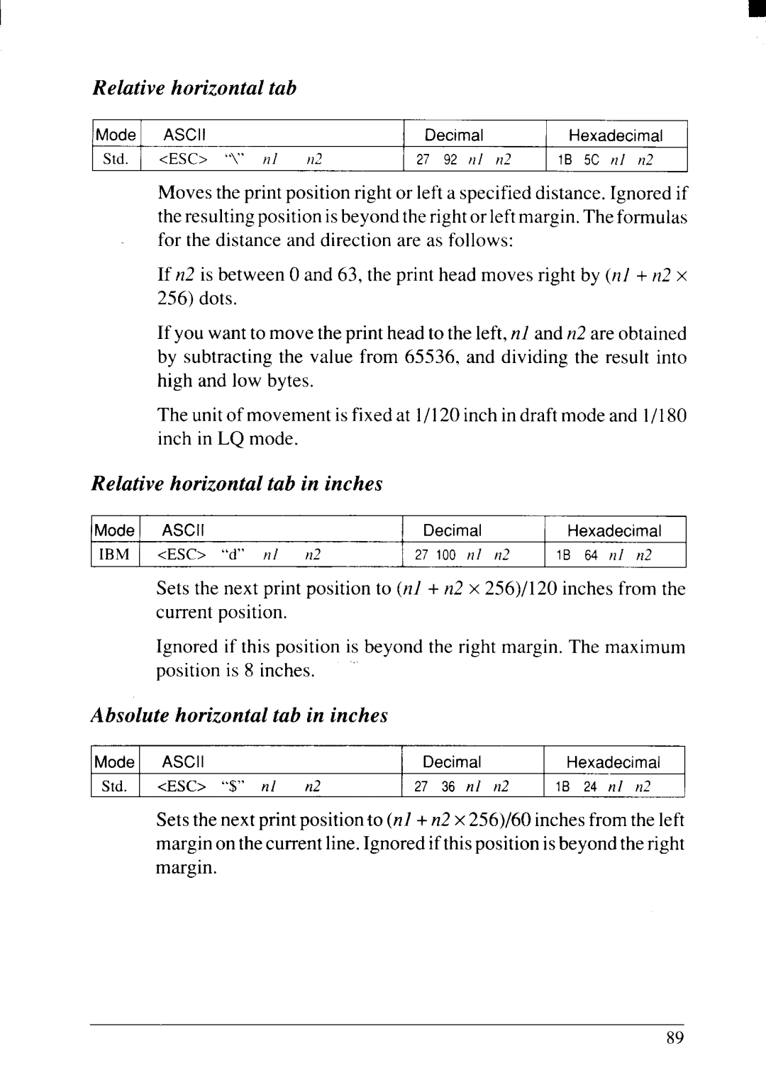 Star Micronics NX-2415II user manual Relative horizontal tab in inches, Absolute horizontal tab in inches 