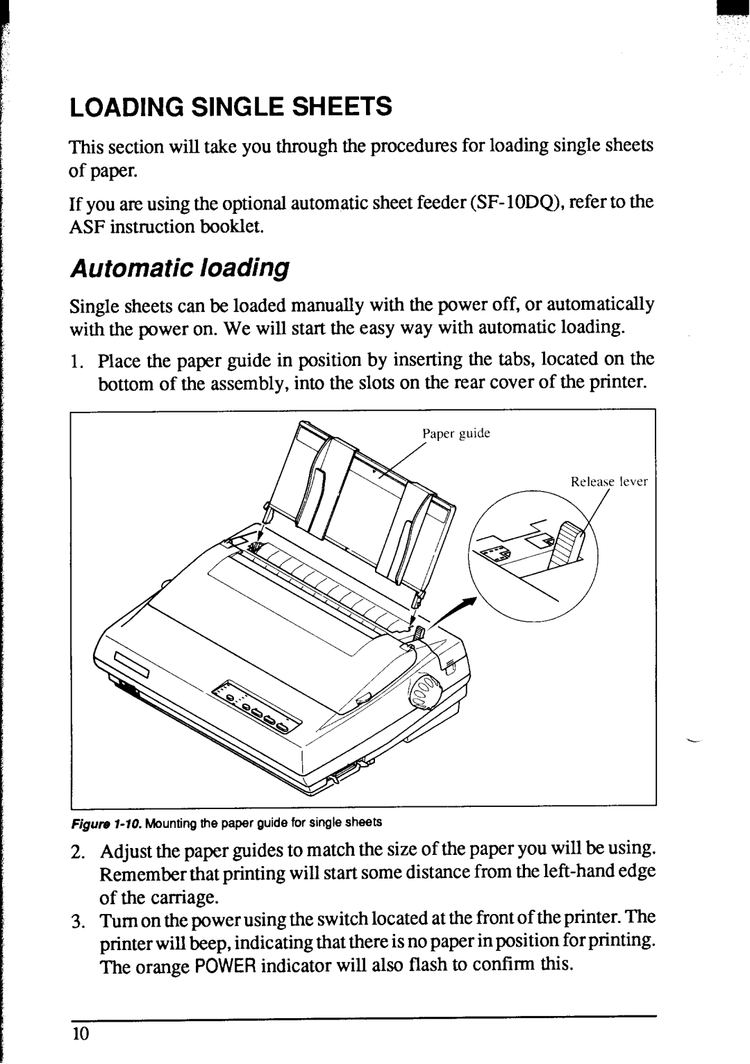 Star Micronics NX-2420 user manual Automatic loading, Loading Single Sheets 