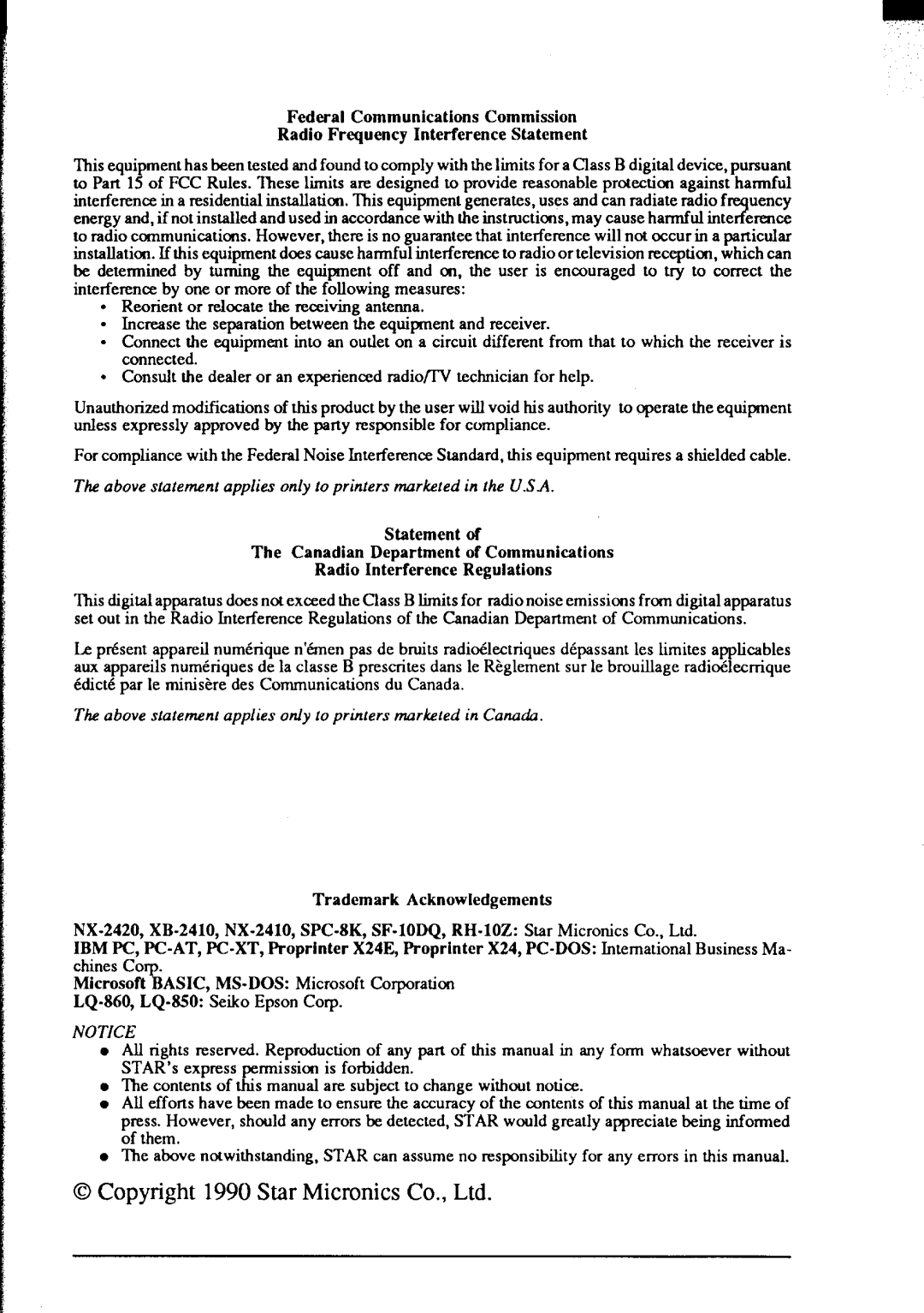 Star Micronics NX-2420 user manual Above statement applies only IOprinkrs marketed in the USA 