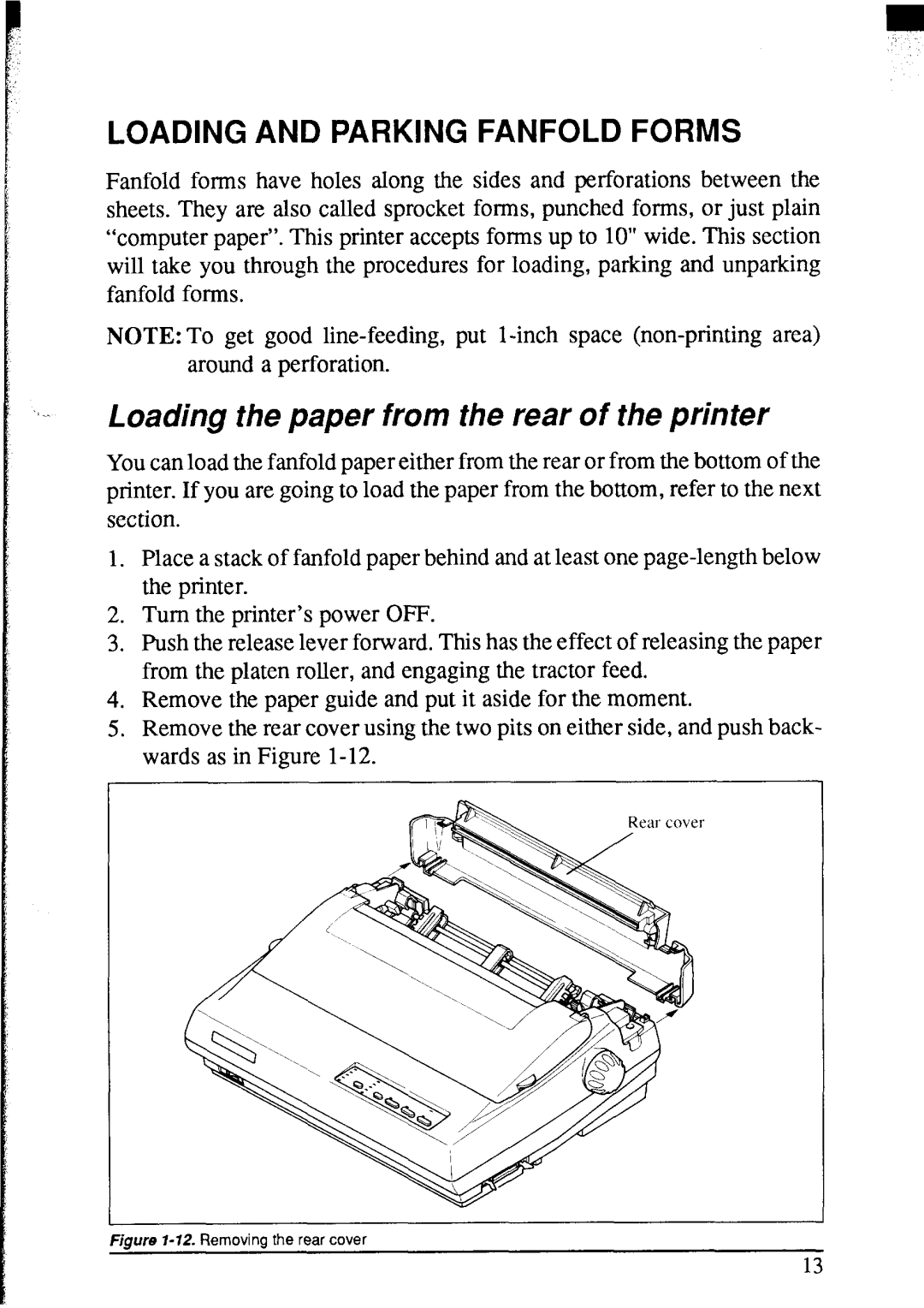 Star Micronics NX-2420 user manual Loading and Parking Fanfold Forms, Loading the paper from the rear of the printer 