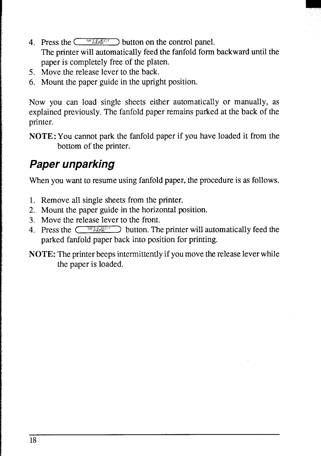 Star Micronics NX-2420 user manual Paper unparking 