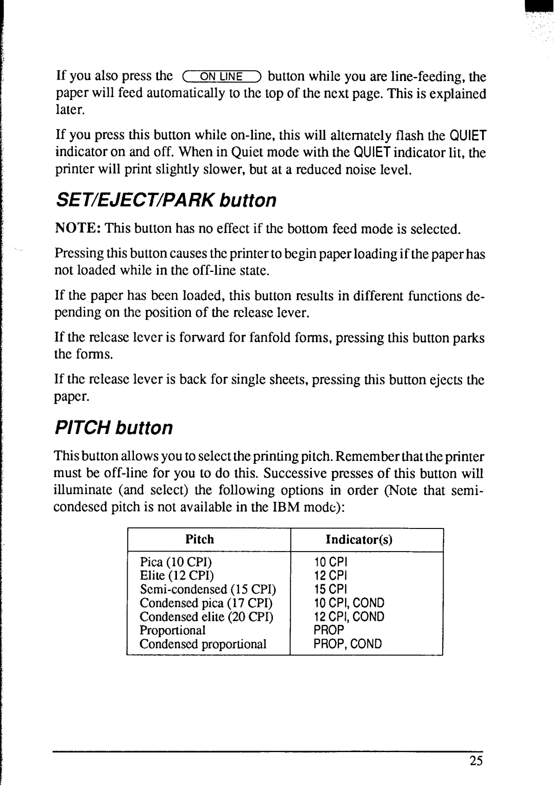 Star Micronics NX-2420 user manual SET/EJECT/PARK button, Pitch button 