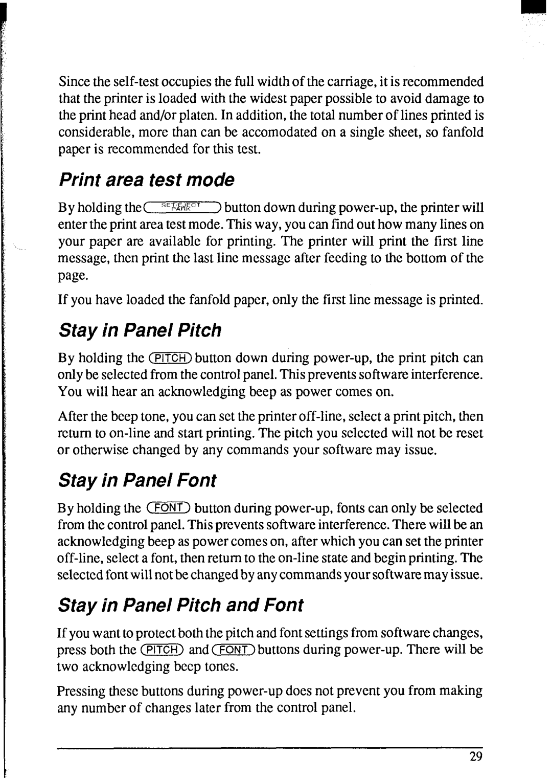 Star Micronics NX-2420 user manual Print area test mode, Stay in Panel Font, Stay in Panel Pitch and Font 