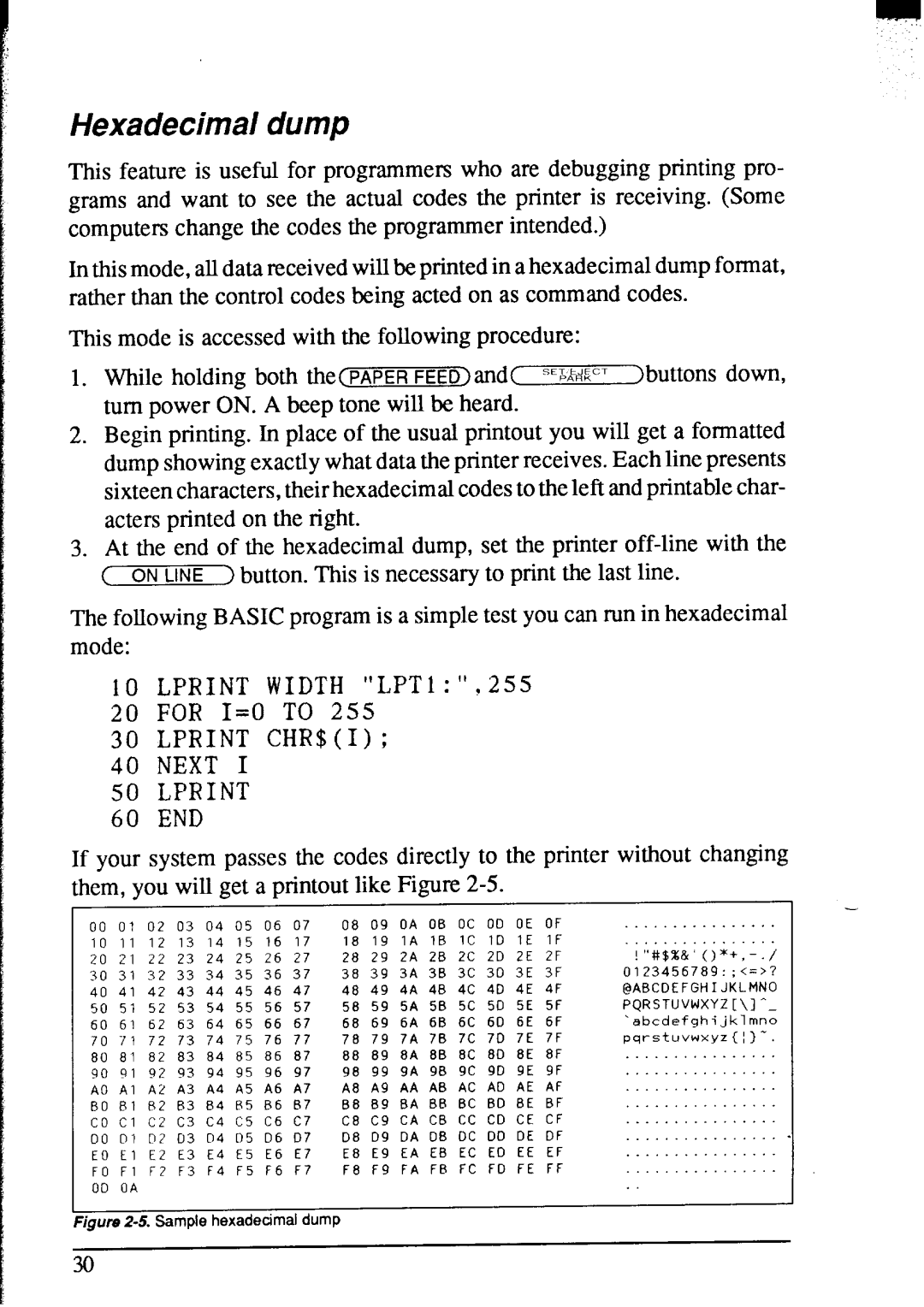 Star Micronics NX-2420 user manual Hexadecimal dump, Lprint CHR$I Next 