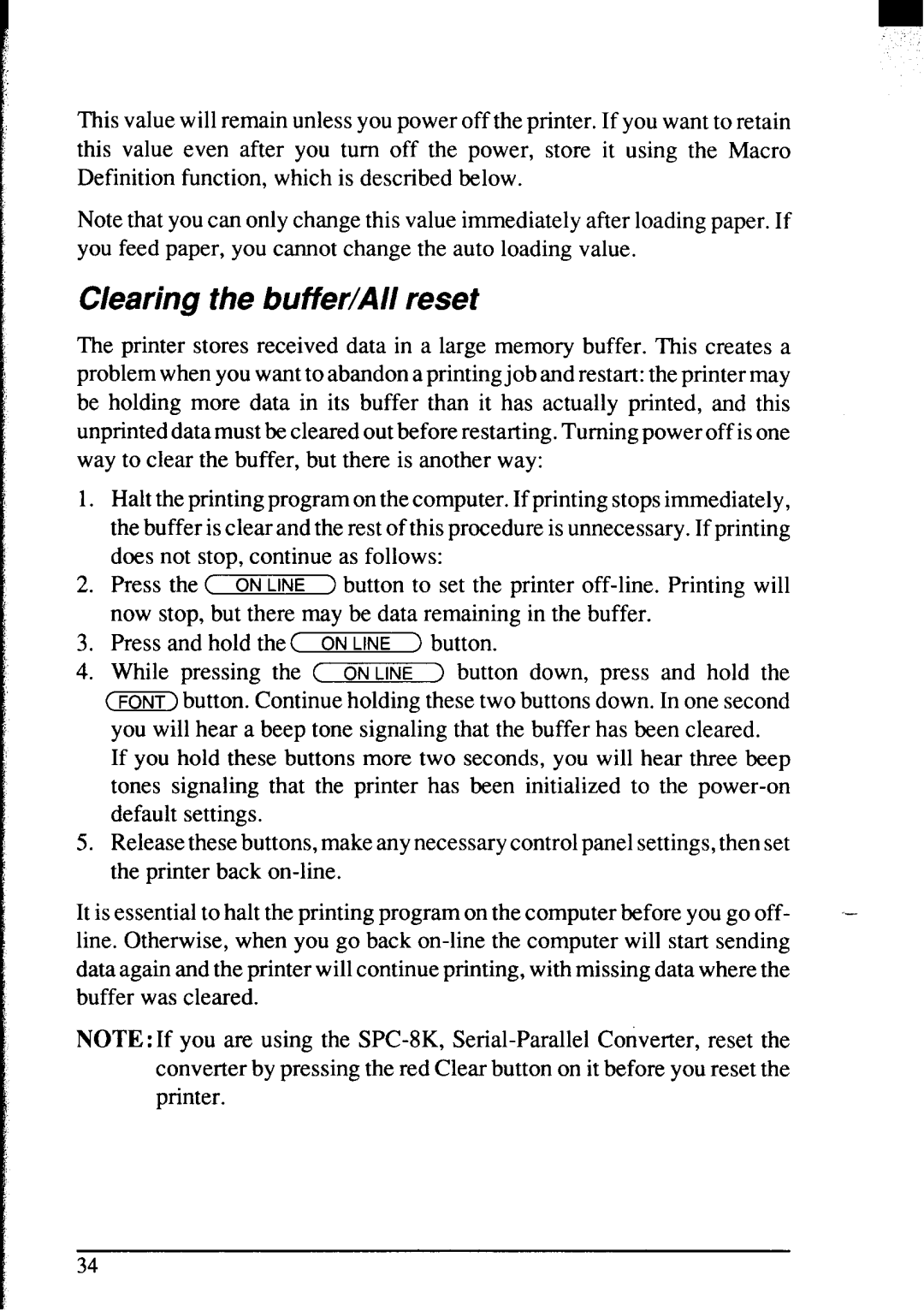 Star Micronics NX-2420 user manual Clearing the buffer/All reset 