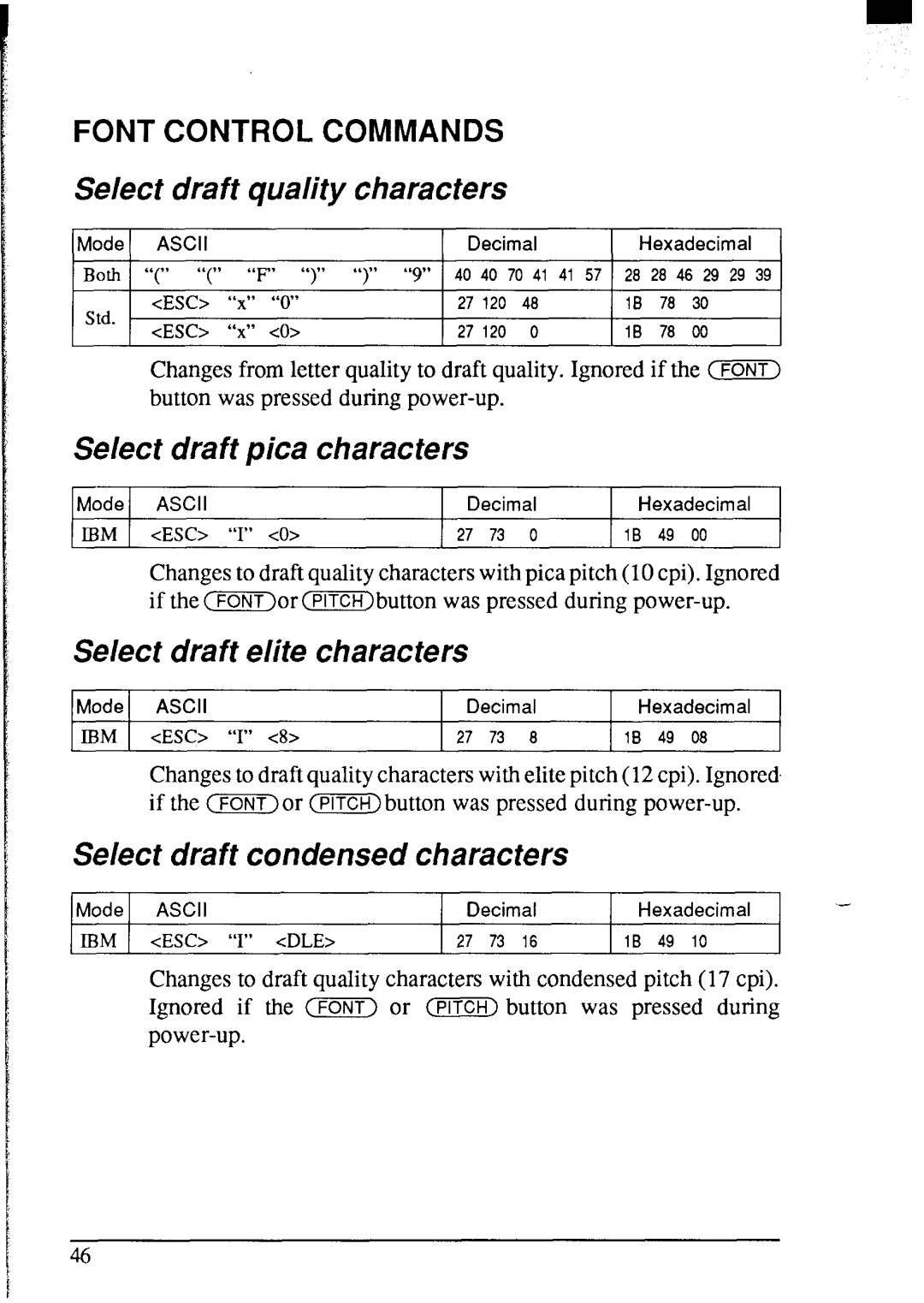 Star Micronics NX-2420 Select draft quality characters, Select draft pica characters, Select draft elite characters 