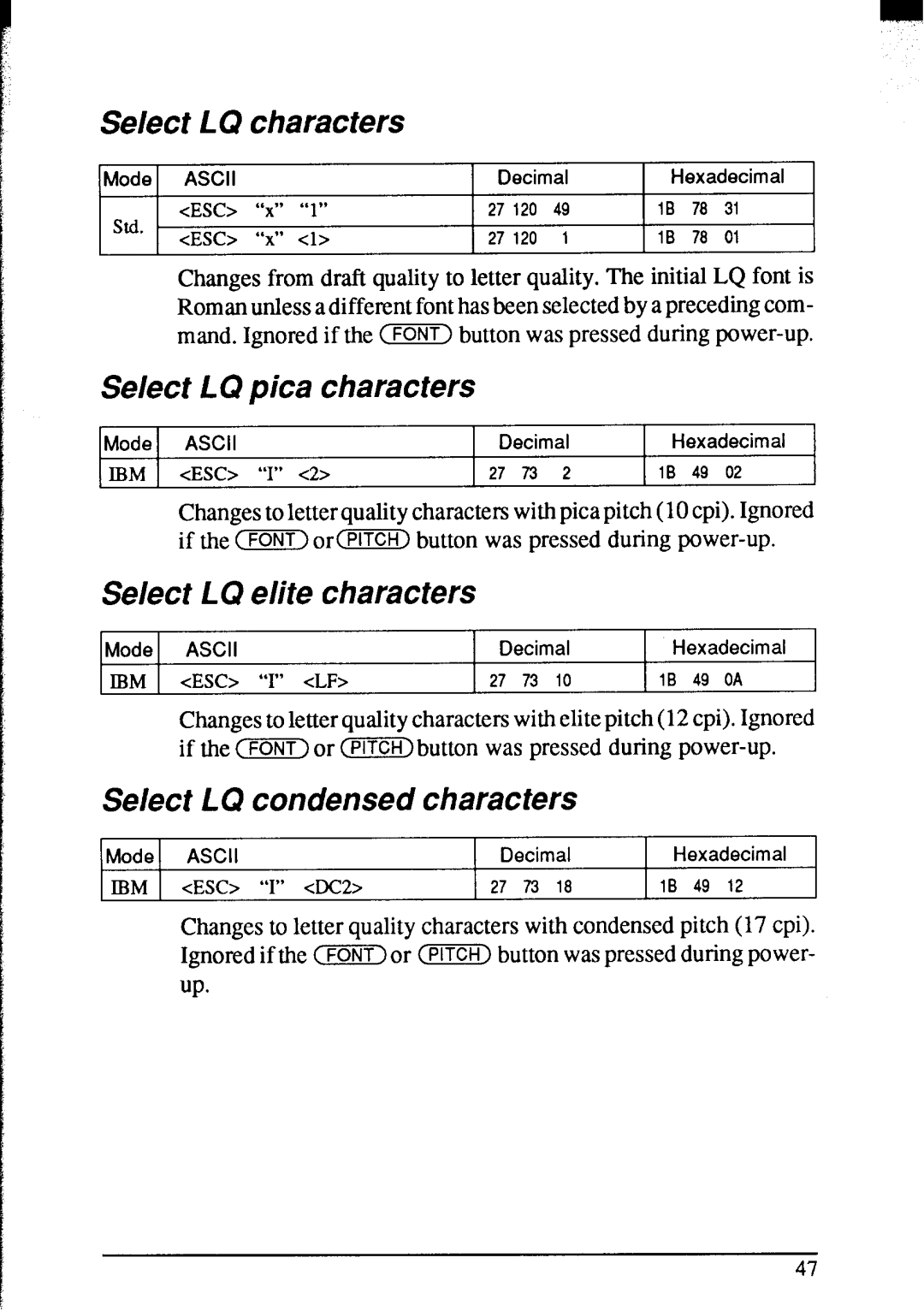 Star Micronics NX-2420 user manual Select Characters, Select LQ pica characters, Select LQ elite characters 