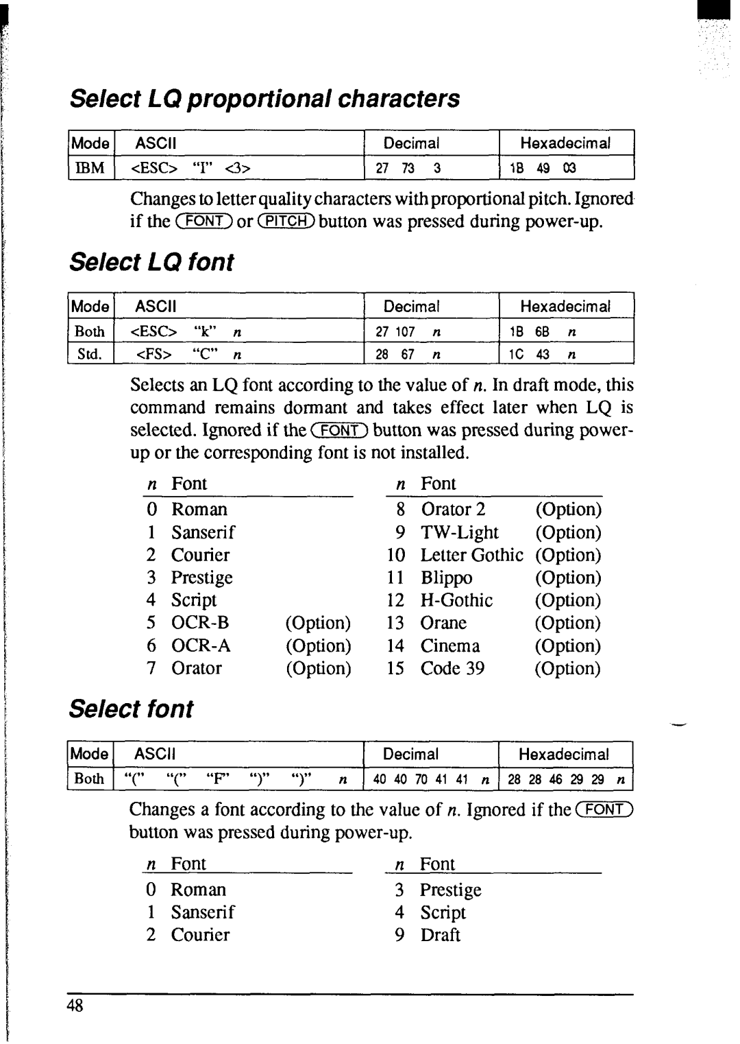 Star Micronics NX-2420 user manual Select LQ proportional Characters, Select LQ font, Select font 