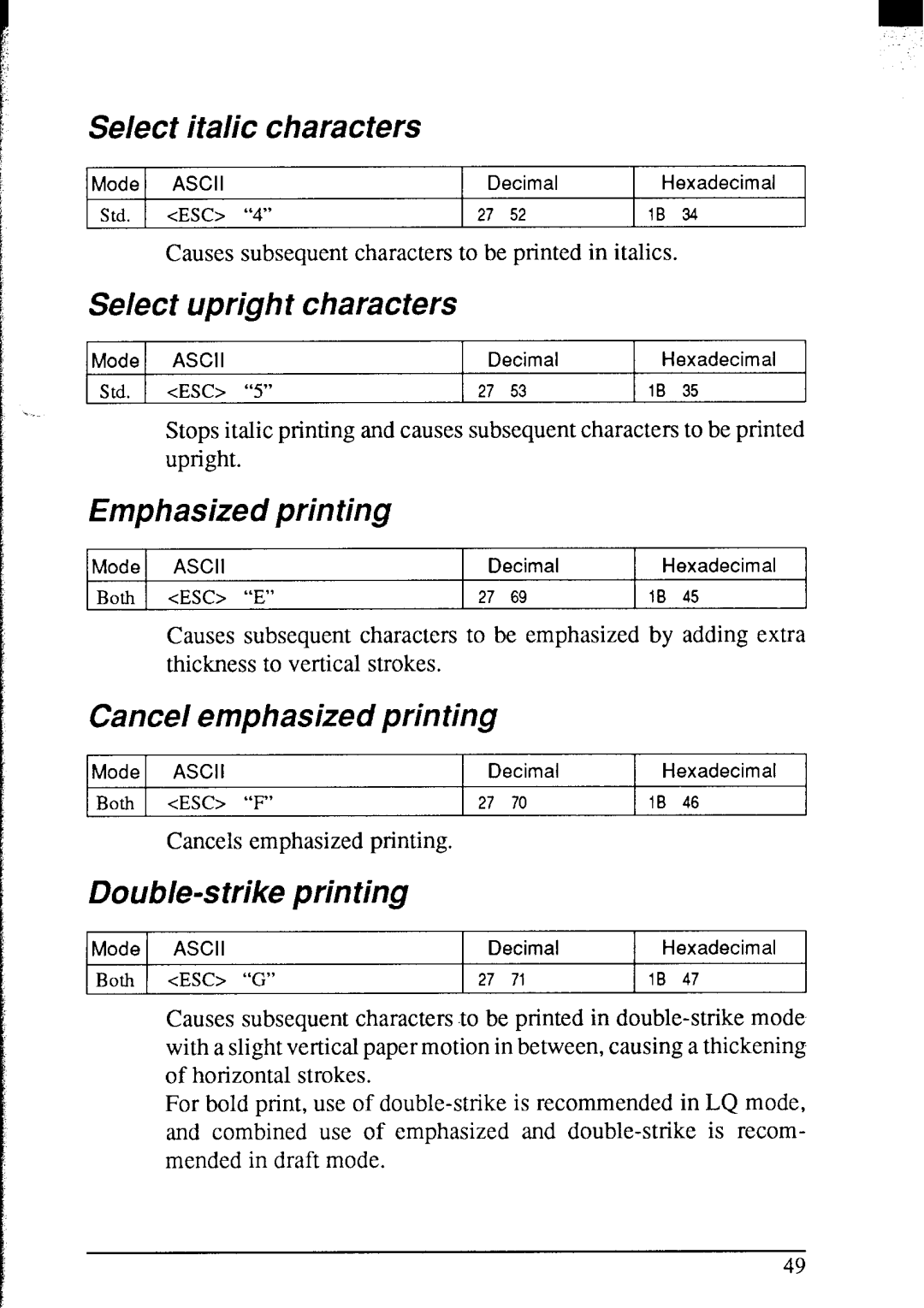 Star Micronics NX-2420 Select italic Characters, Select upright characters, Emphasized printing, Double-s trike printing 