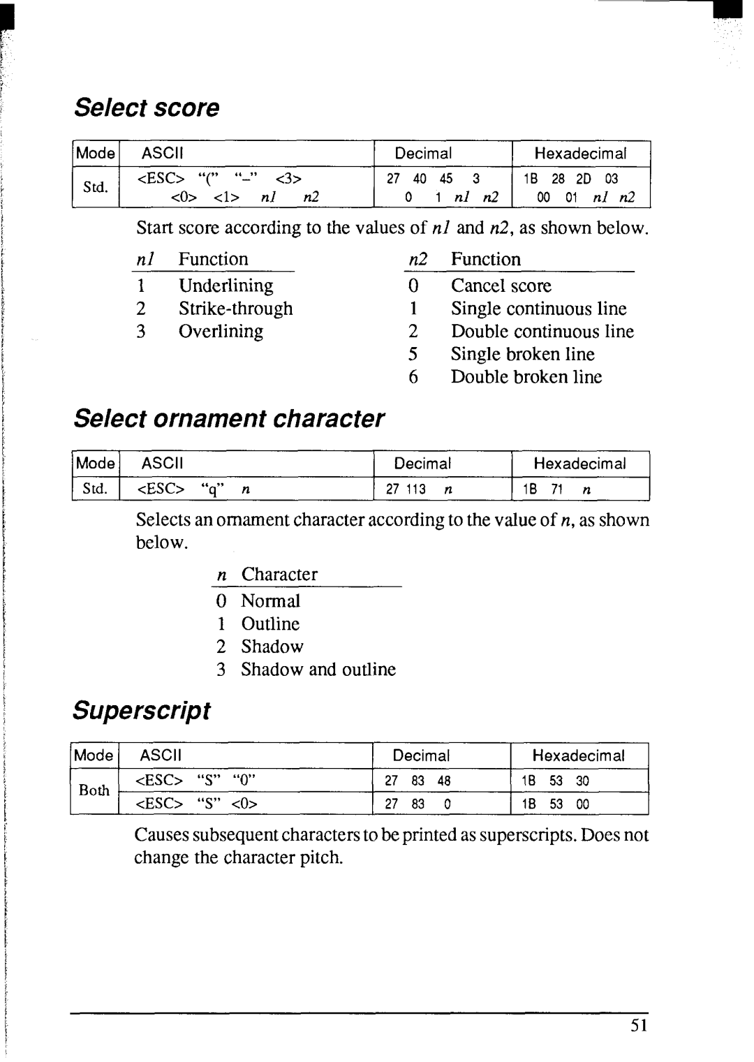 Star Micronics NX-2420 user manual Select score, Select ornament character, Superscript 