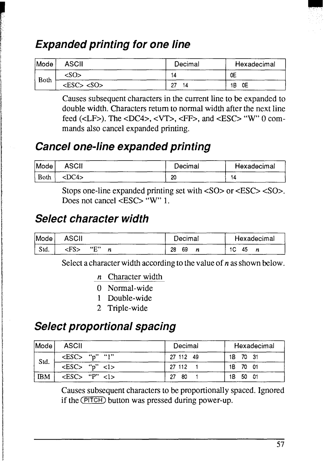 Star Micronics NX-2420 Expanded printing for one line, Cancel one-line expanded printing, Select character width 