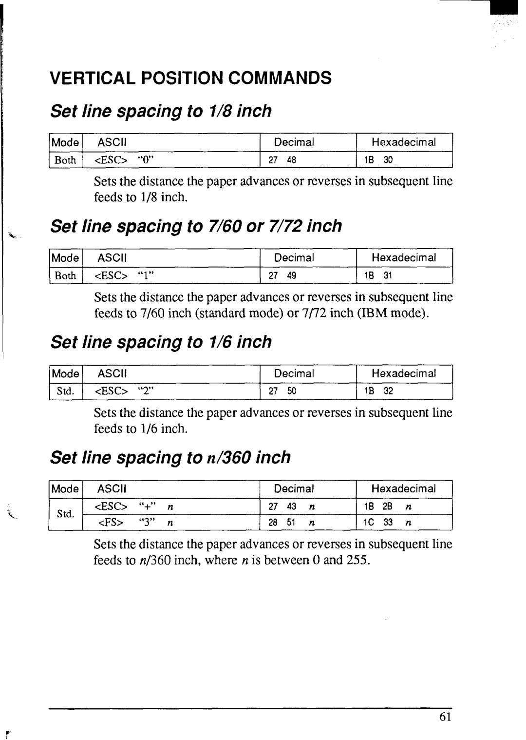 Star Micronics NX-2420 Set line spacing to l/8 inch, Set line spacing to 7160or 7/72 inch, Set line spacing to l/6 inch 