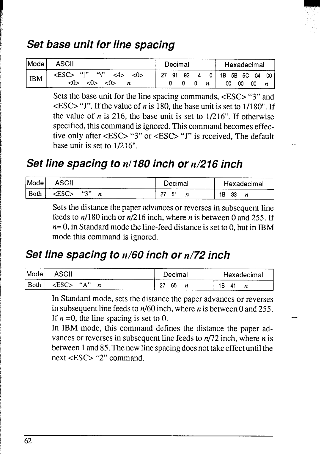 Star Micronics NX-2420 user manual Set base unit for line spacing, Set line spacing to n/180 inch or n/216 inch 