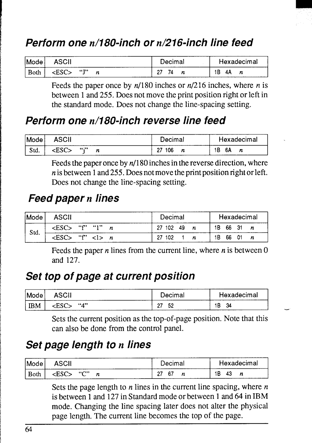 Star Micronics NX-2420 user manual Perform one n/l804nch or n/216=inch line feed, Perform one n/180-inch reverse line feed 