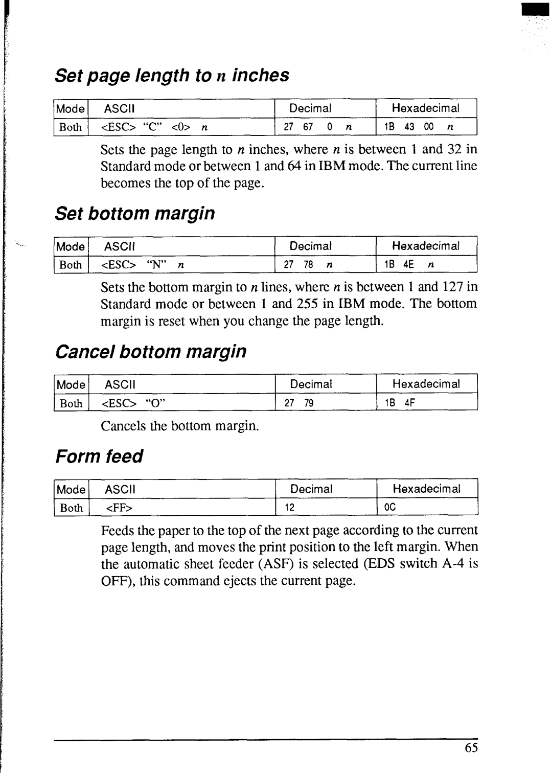 Star Micronics NX-2420 user manual Set page length to n inches, Set bottom margin, Cancel bottom margin 