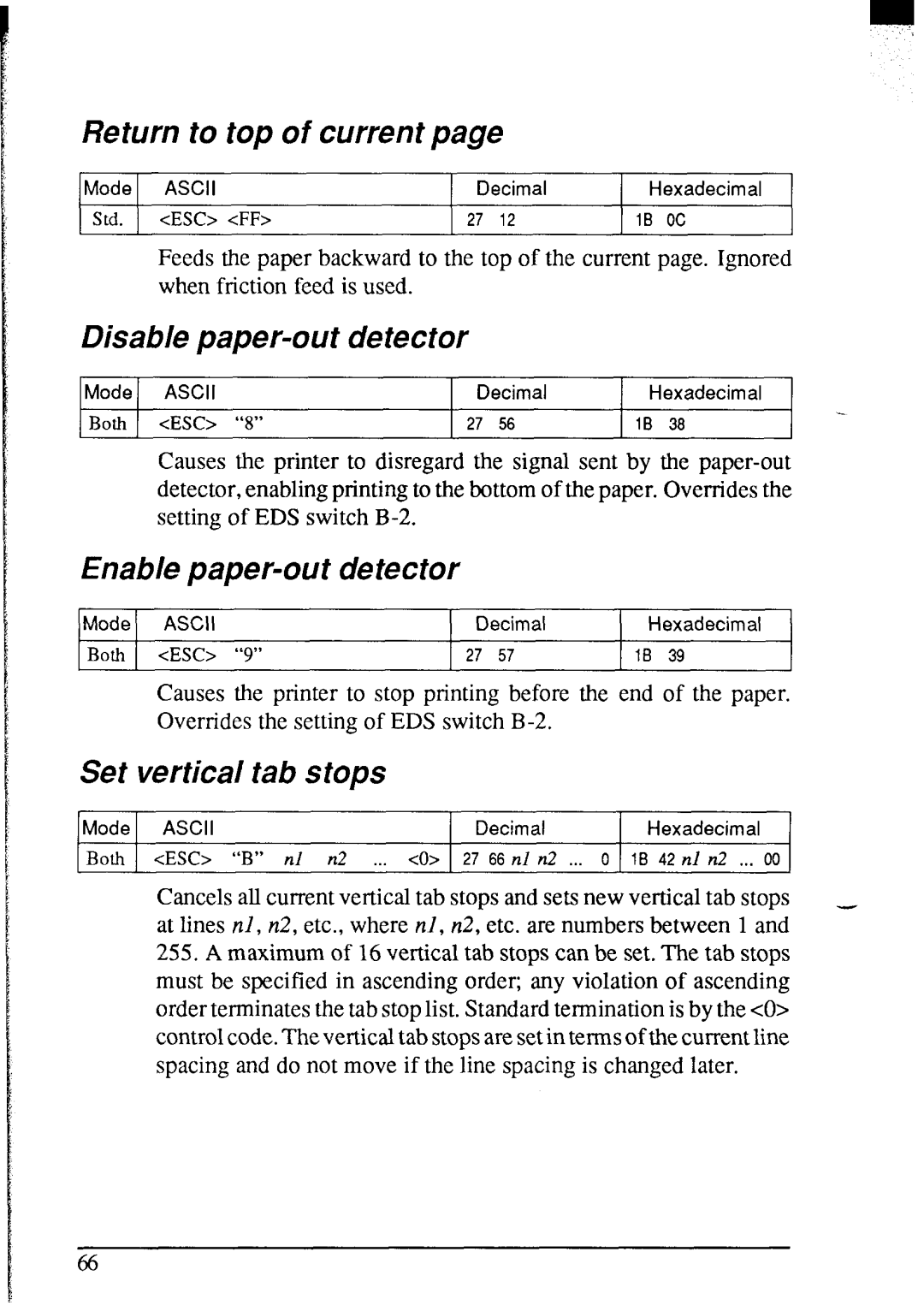 Star Micronics NX-2420 user manual Return to top of current, Disable paper-out detector, Enable paper-out detector 