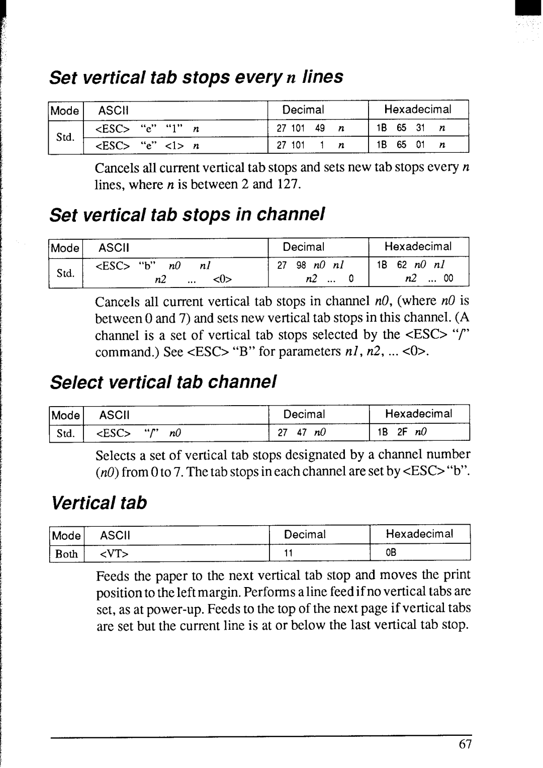 Star Micronics NX-2420 user manual Set vertical tab stops every n lines, Set vertical tab stops in channel, Vertical tab 