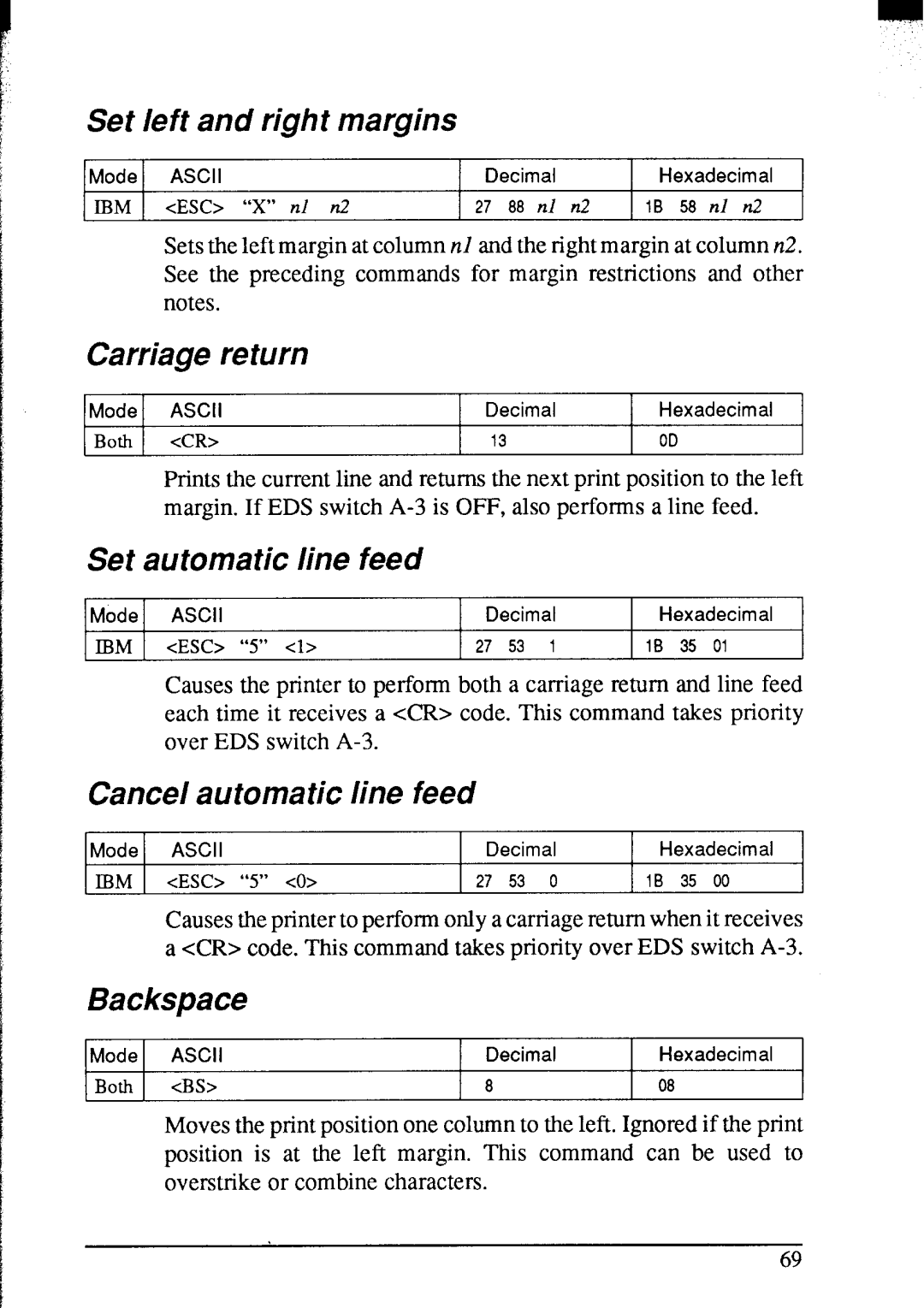 Star Micronics NX-2420 Set left and right margins, Carriage return, Set automatic line feed, Cancel automa tic line feed 