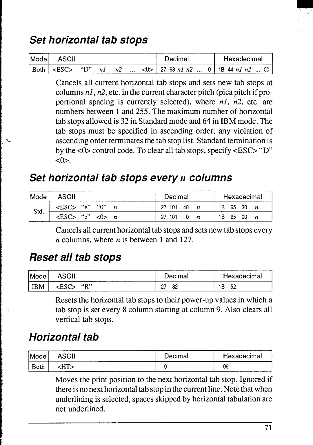 Star Micronics NX-2420 user manual Set horizontal tab stops every n columns, Reset all tab stops, Horizontal Tab 