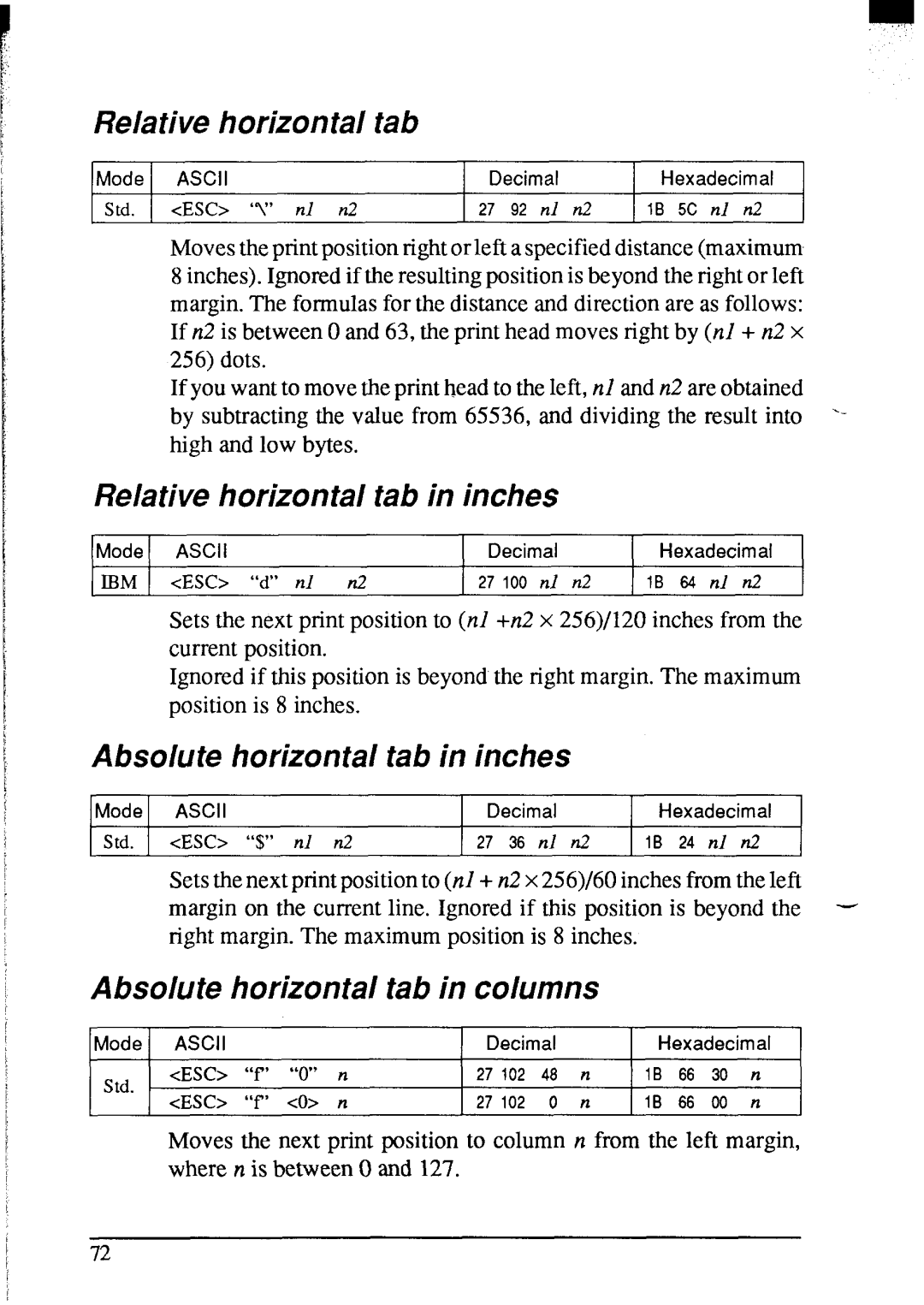 Star Micronics NX-2420 Relative horizontal Tab, Relative horizontal tab in inches, Absolute horizontal tab in inches 