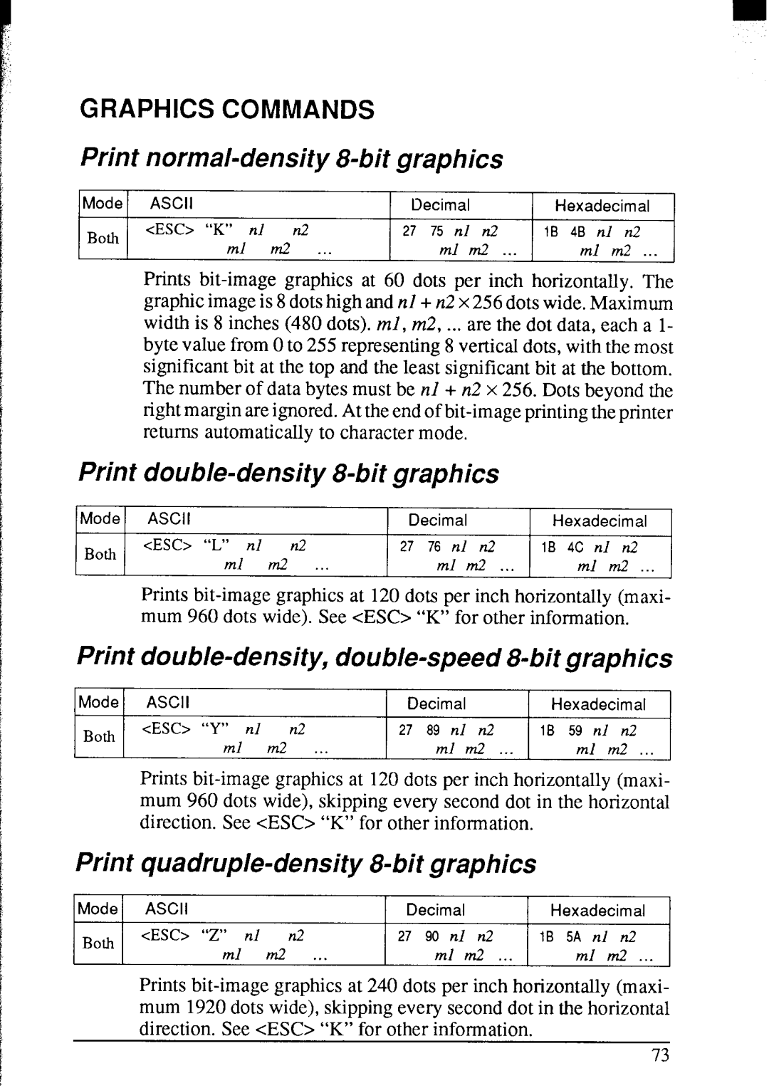 Star Micronics NX-2420 user manual Print normal-density g-bit graphics, Print double-density g-bit graphics 