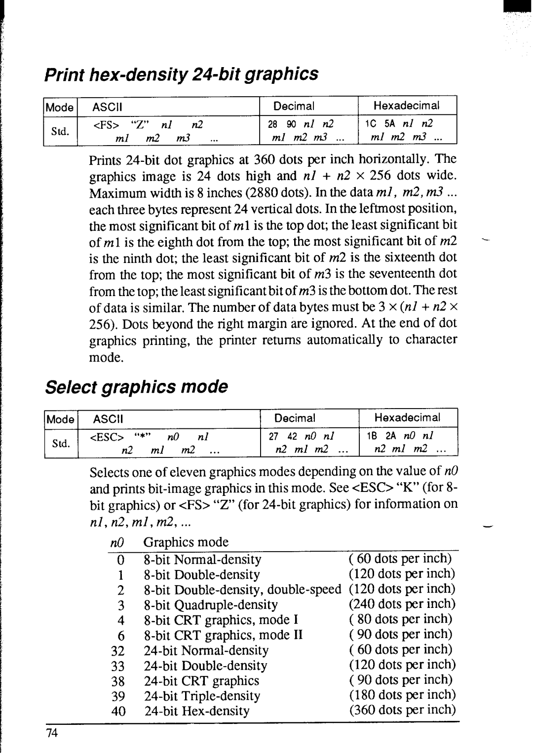 Star Micronics NX-2420 user manual Print hex-density 24-bit graphics, Se/ect graphics mode 