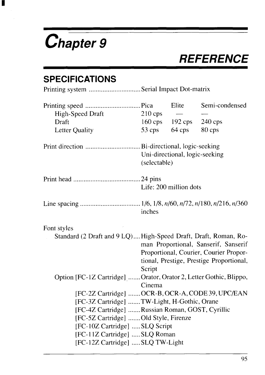 Star Micronics NX-2430 manual Reference, Specifications, chapter 