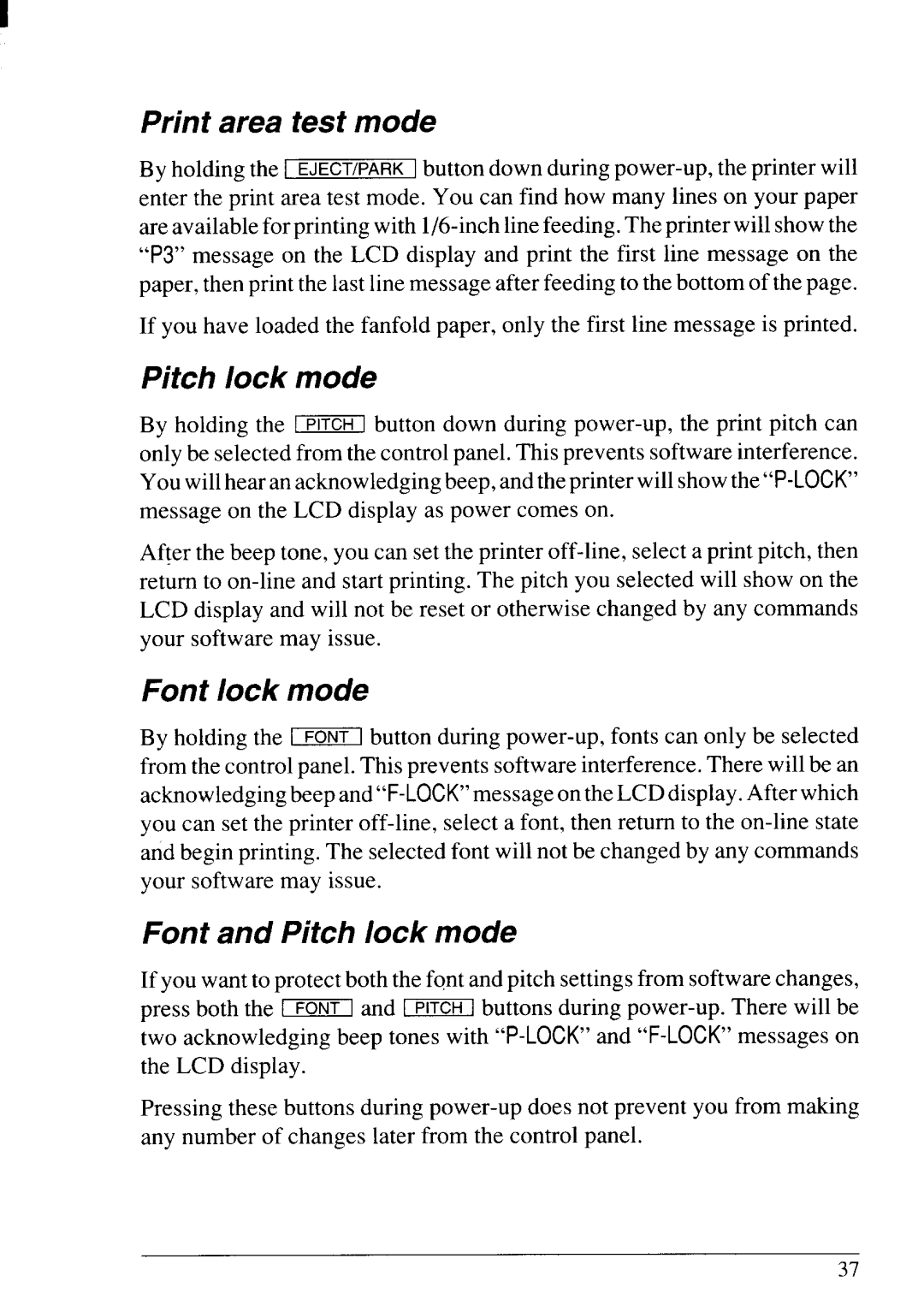 Star Micronics NX-2430 manual Print area test mode, Font lock mode, Font and Pitch lock mode 