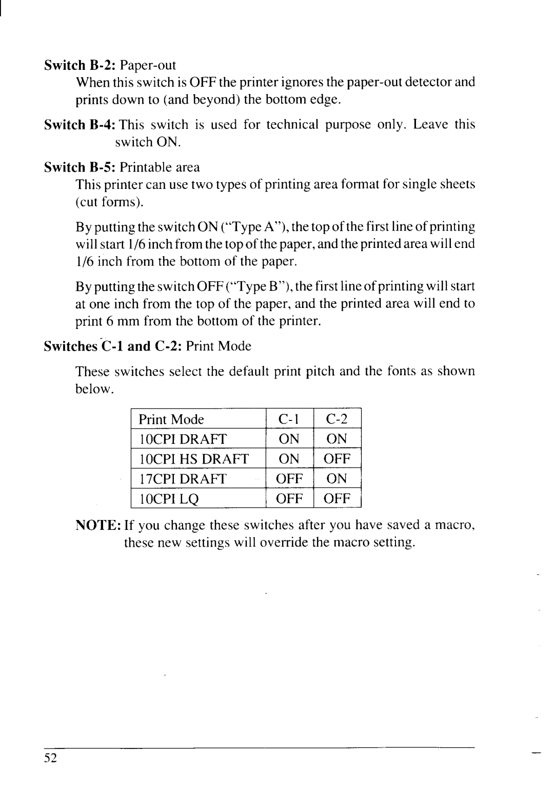 Star Micronics NX-2430 Switch B-2 Paper-out, Switch B-5 Printable area, Switches -C-l and C-2 Print Mode, 10CPI DRAFT 