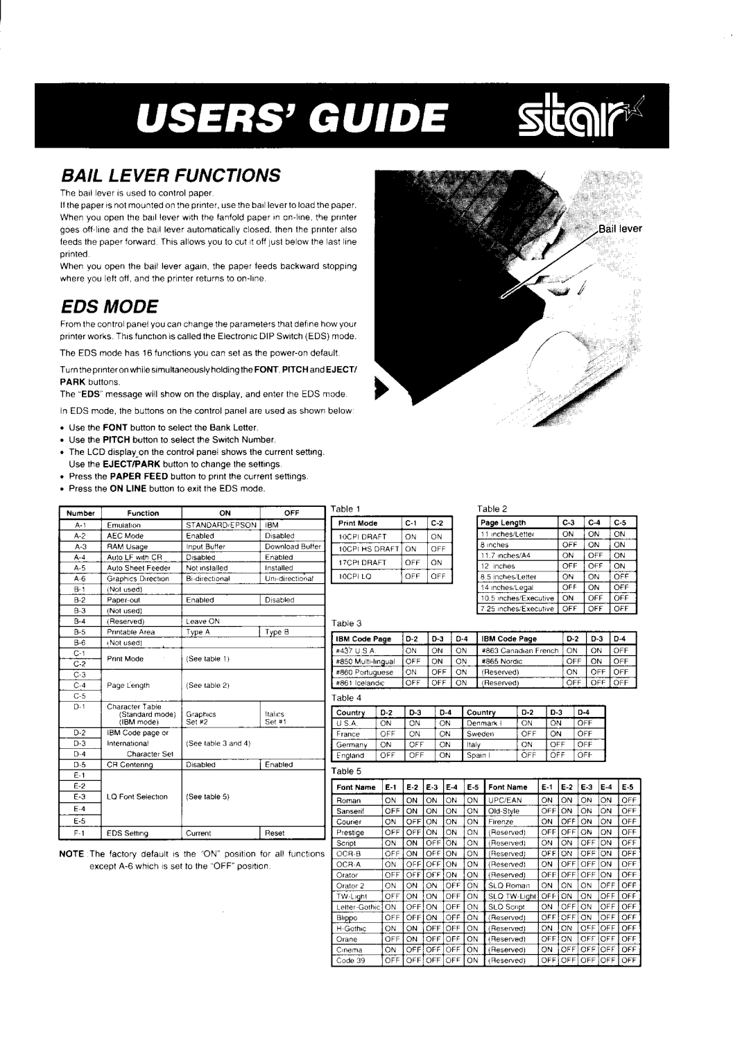 Star Micronics NX-2430 manual Bail Lever Functions 