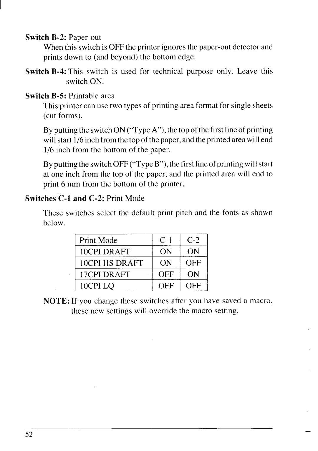 Star Micronics NX-2430 manual 10CPI Draft 10CPI HS Draft OFF 17CPI Draft 10CPI LQ 